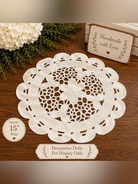 Source Unknown White Floral Cutwork Decorative Doily
